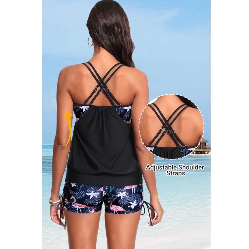 Holipick Women Blouson Tankini Swimsuit L 2 Piece Boy Shorts Tummy Control Black - Picture 2 of 8